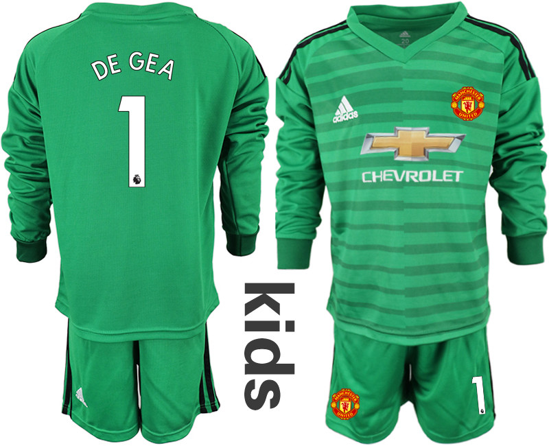 2018 19 Manchester United 1 DE GEA Green Youth Long Sleeve Goalkeeper Soccer Jersey