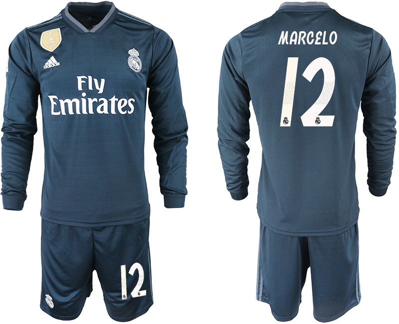 2018 19 Real Madrid 12 MARCELO Away Long Sleeve Soccer Jersey