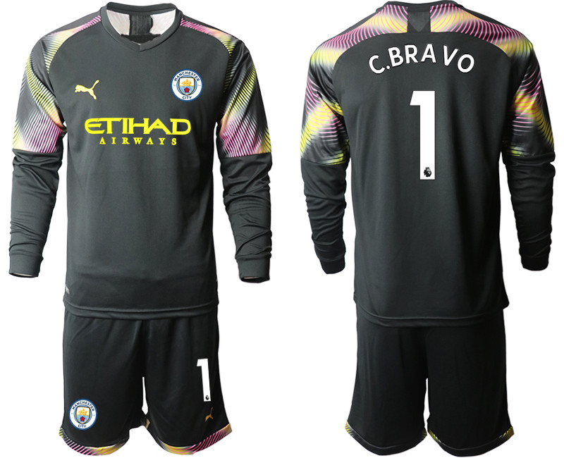 2019 20 Manchester City 1 C.BRAVO Black Goalkeeper Long Sleeve Soccer Jersey