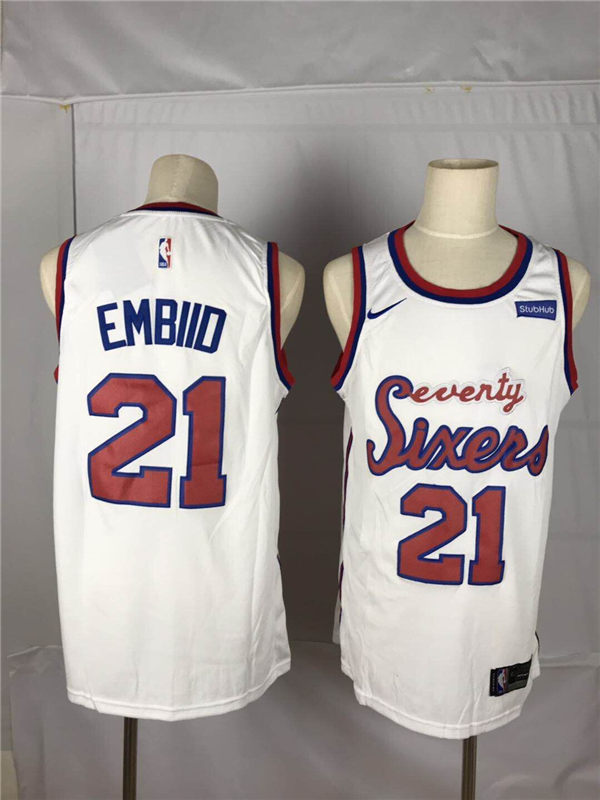 76ers 21 Joel Embiid White Nike Throwback Swingman Jersey