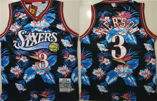 76ers 3 Allen Iverson Black 1997 98 Hardwood Classics Floral Fashion Swingman Jersey