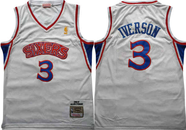 76ers 3 Allen Iverson White 1996 97 Hardwood Classics Mesh Jersey