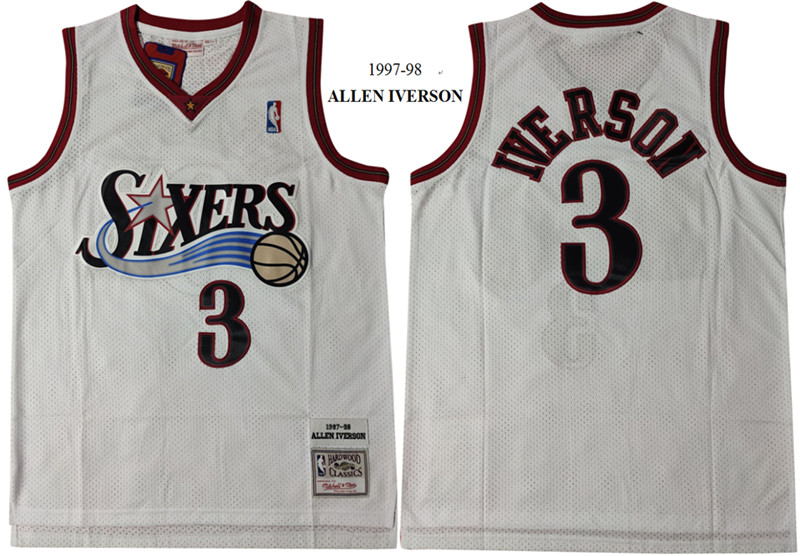76ers 3 Allen Iverson White 1997 98 Hardwood Classics Mesh Jersey