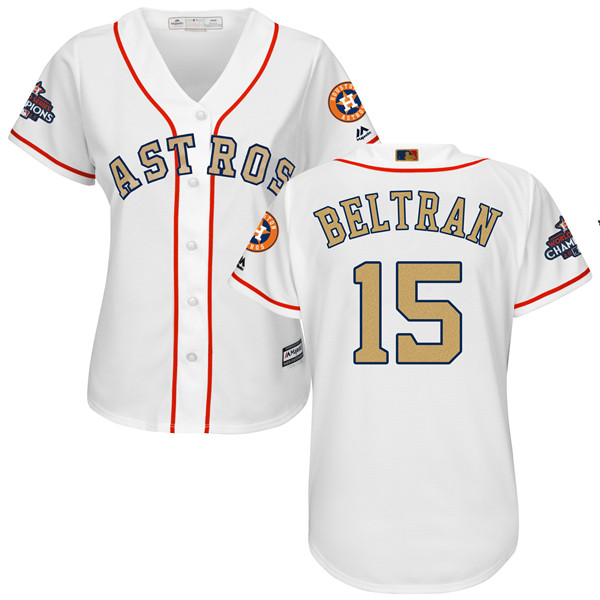 Astros 15 Carlos Beltran White Women 2018 Gold Program Cool Base Jersey