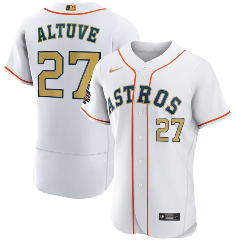 Astros 27 Jose Altuve White Gold Nike 2023 Gold Collection Flexbase Jersey