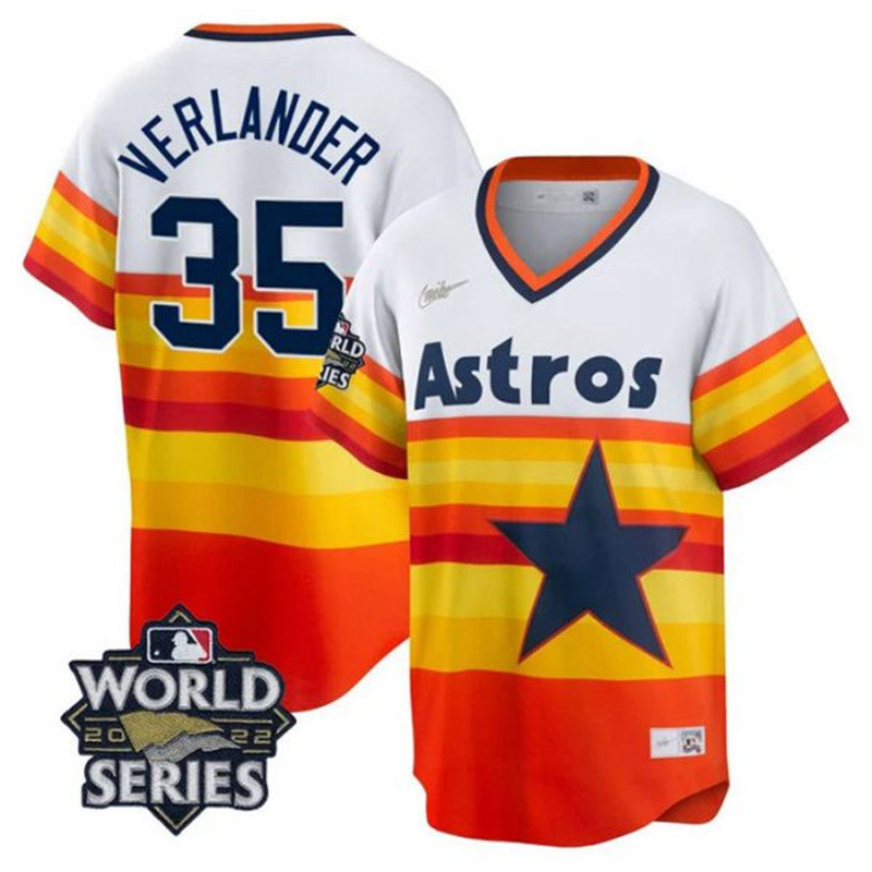 Astros 35 Justin Verlander Multi Color Nike 2022 World Series Cool Base Jersey