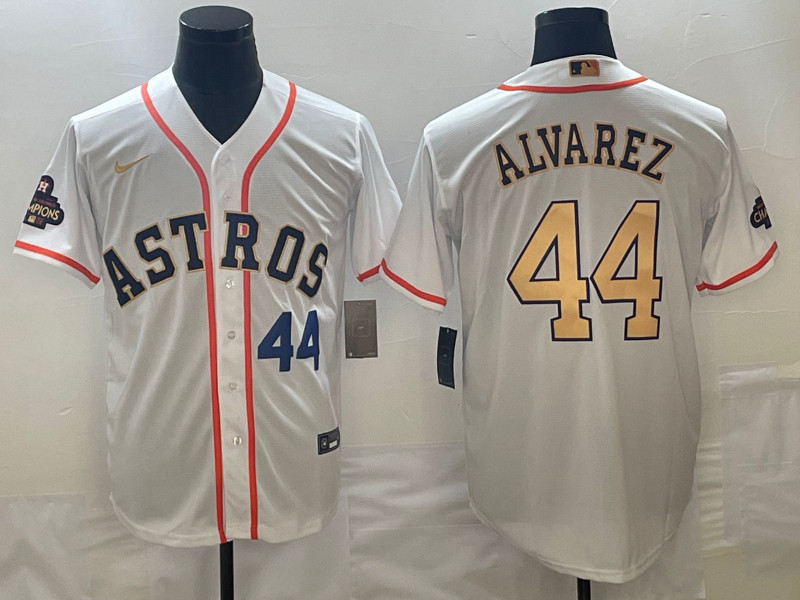 Astros 44 Yordan Alvarez White Gold Nike 2023 Gold Collection Cool Base Jersey