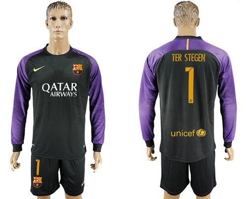 Barcelona 1 Ter Stegen Black Goalkeeper Long Sleeves Soccer Club Jersey