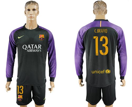 Barcelona 13 C Bravo Black Goalkeeper Long Sleeves Soccer Club Jersey