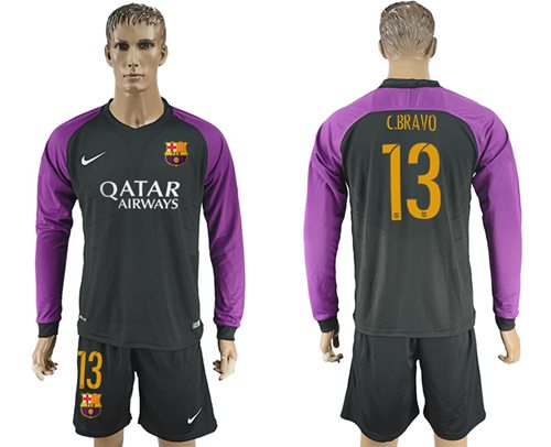 Barcelona 13 CBravo Black Goalkeeper Long Sleeves Soccer Club Jersey