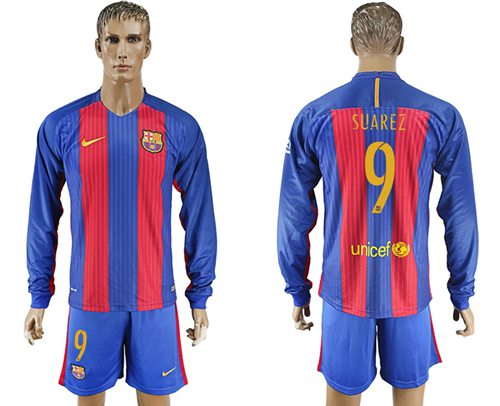 Barcelona 9 Suarez Home Long Sleeves Soccer Club Jersey