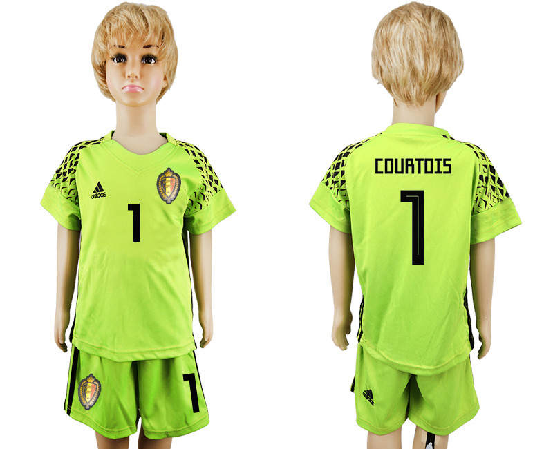 Belgium 1 COURTOIS Fluorescent Green Goalkeeper Youth 2018 FIFA World Cup Soccer Jersey