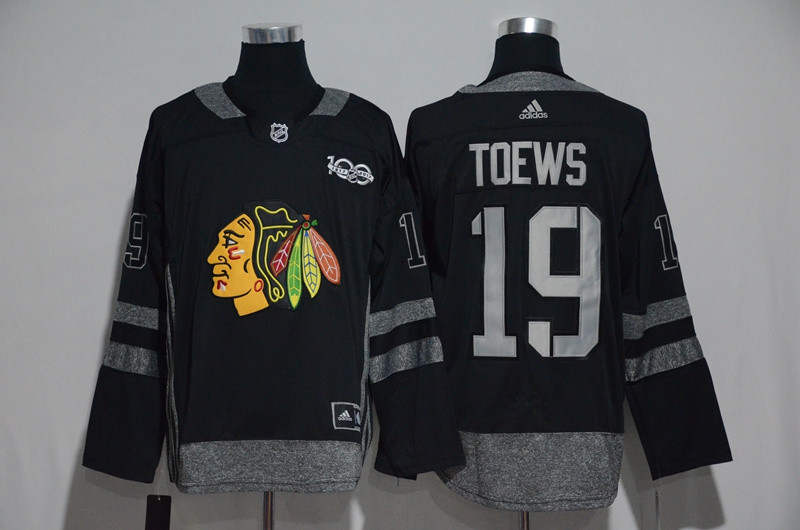 Blackhawks 19 Jonathan Toews Black 100th Anniversary Season Jersey