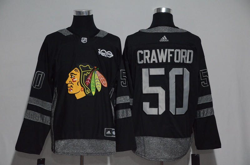 Blackhawks 50 Corey Crawford Black 100th Anniversary Season Jersey