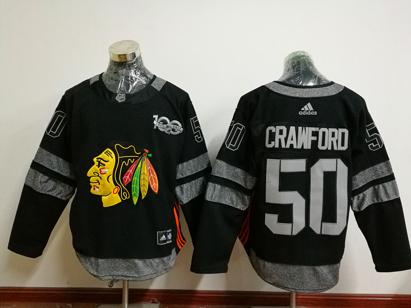 Blackhawks 50 Corey Crawford Black 1917 2017 100th Anniversary Jersey