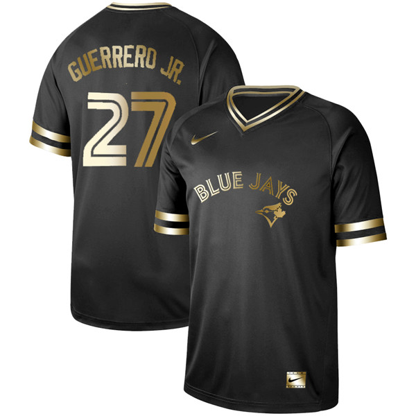 Blue Jays 27 Vladimir Guerrero Jr. Black Gold Nike Cooperstown Collection Legend V Neck Jersey