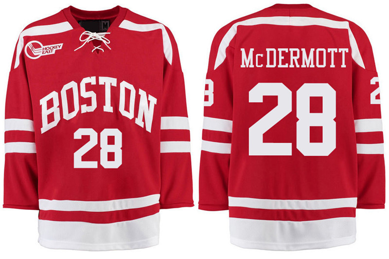 Boston University Terriers BU 28 Johnny McDermott Red Stitched Hockey Jersey