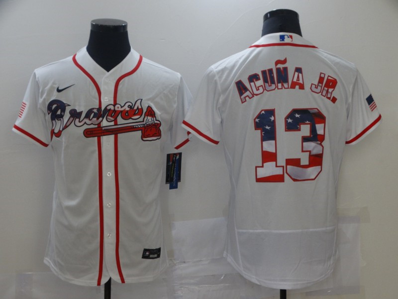 Braves 13 Ronald Acuna Jr. White USA Flag Fashion Nike Flexbase Jersey