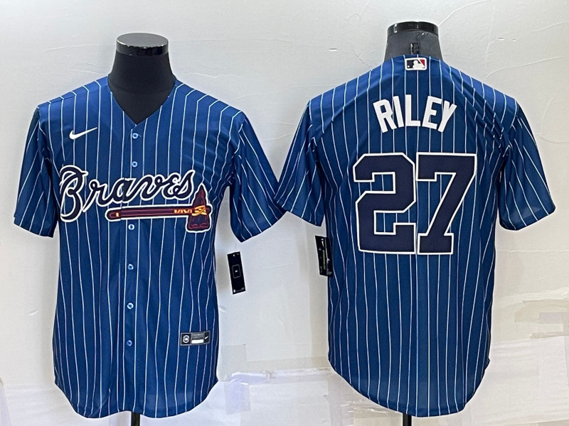 Braves 27 Austin Riley Blue Nike Throwback Cool Base Jersey