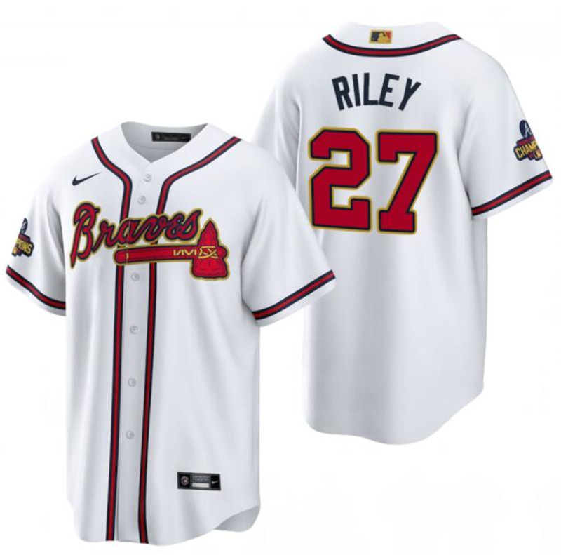 Braves 27 Austin Riley White 2022 Gold Program Nike Cool Base Jersey