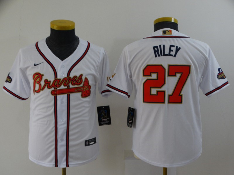 Braves 27 Austin Riley White Youth 2022 Gold Program Nike Cool Base Jersey