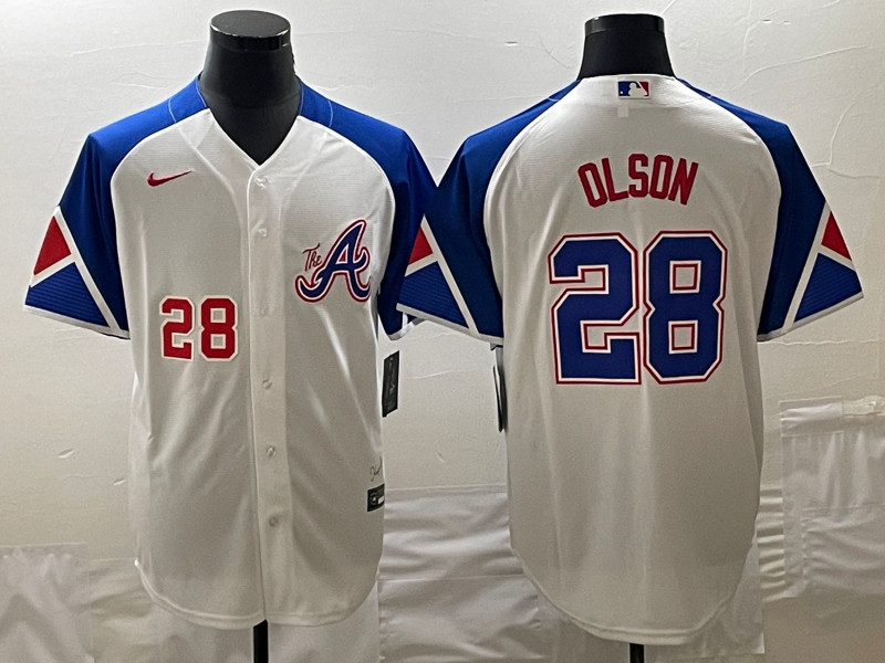 Braves 28 Matt Olson White Nike 2023 City Connect Cool Base Jersey