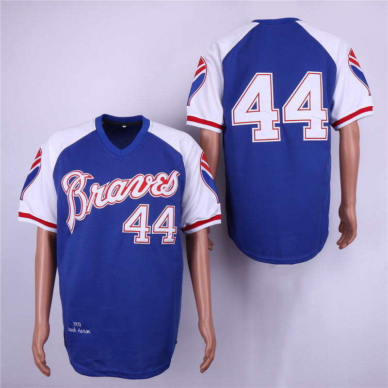 Braves 44 Hank Aaron Blue 1973 Throwback Jersey