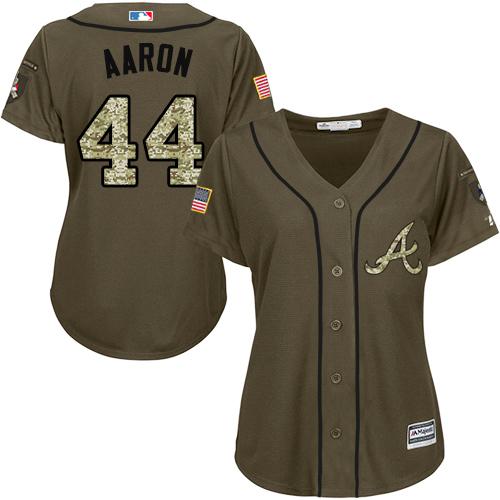 Braves 44 Hank Aaron Green Salute to Service Women Stitched MLB Jersey