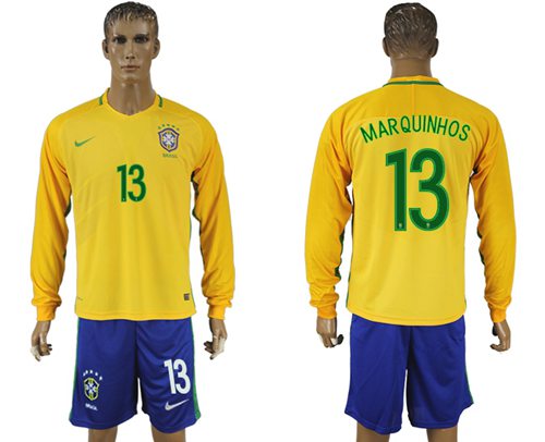 Brazil 13 Marquinhos Home Long Sleeves Soccer Country Jersey