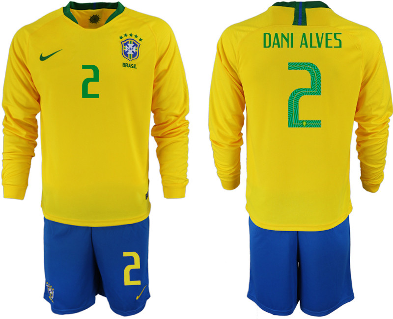 Brazil 2 DANI ALVES Home 2018 FIFA World Cup Long Sleeve Soccer Jersey