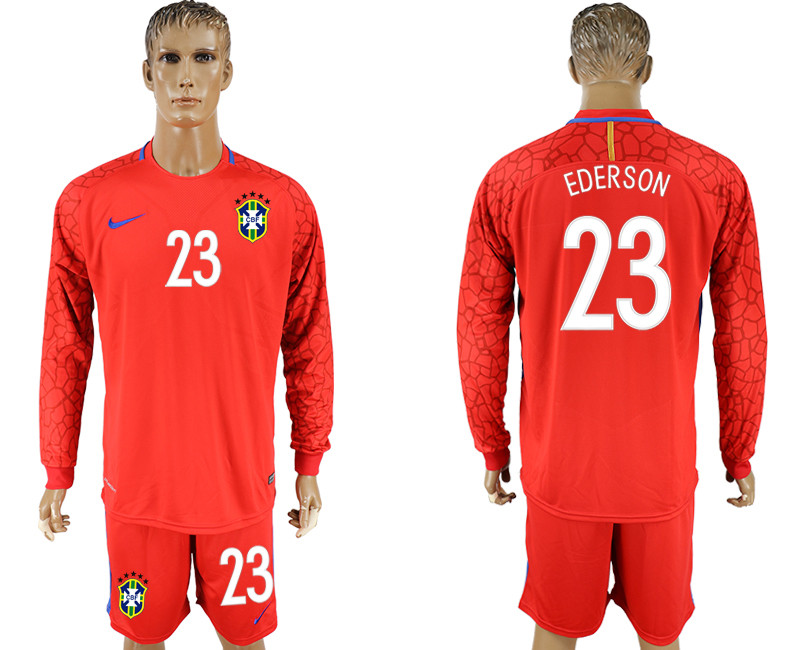 Brazil 23 EDERSON Red Goalkeeper 2018 FIFA World Cup Long Sleeve Soccer Jersey