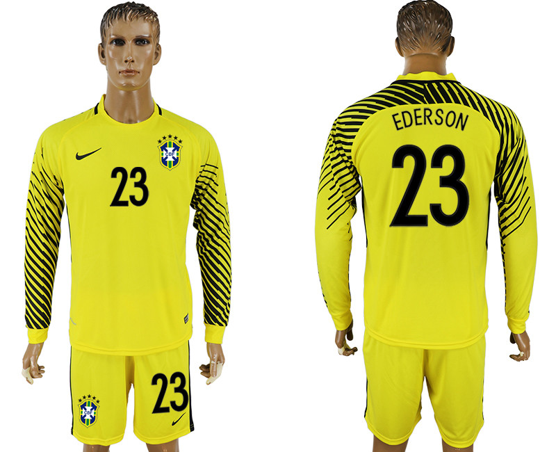 Brazil 23 EDERSON Yellow Goalkeeper 2018 FIFA World Cup Long Sleeve Soccer Jersey