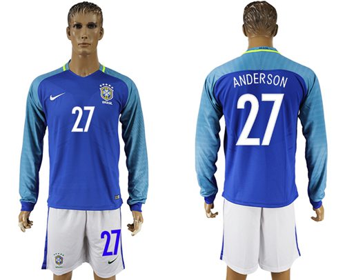 Brazil 27 Anderson Away Long Sleeves Soccer Country Jersey