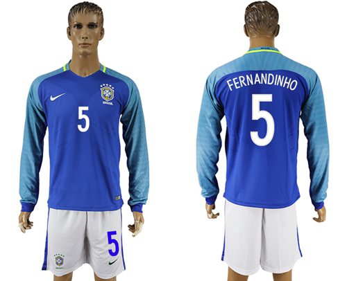 Brazil 5 Fernandinho Away Long Sleeves Soccer Country Jersey