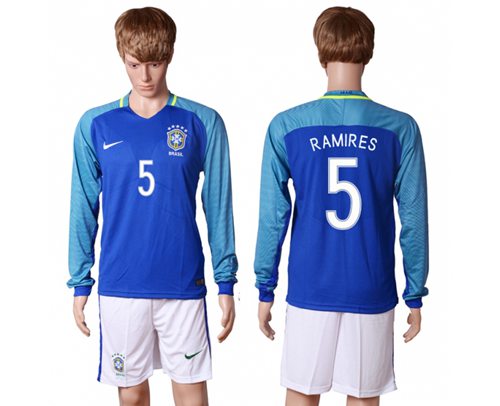 Brazil 5 Ramires Away Long Sleeves Soccer Country Jersey