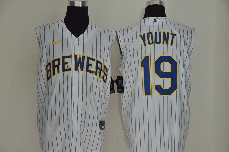 Brewers 19 Robin Yount White Gold Nike Cool Base Sleeveless Jersey