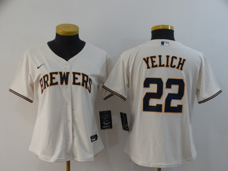 Brewers 22 Christian Yelich Cream Women Nike 2020 Cool Base Jersey