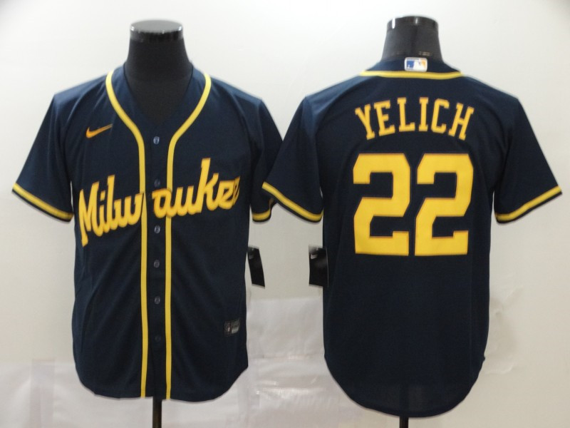Brewers 22 Christian Yelich Navy Nike 2020 Cool Base Jersey