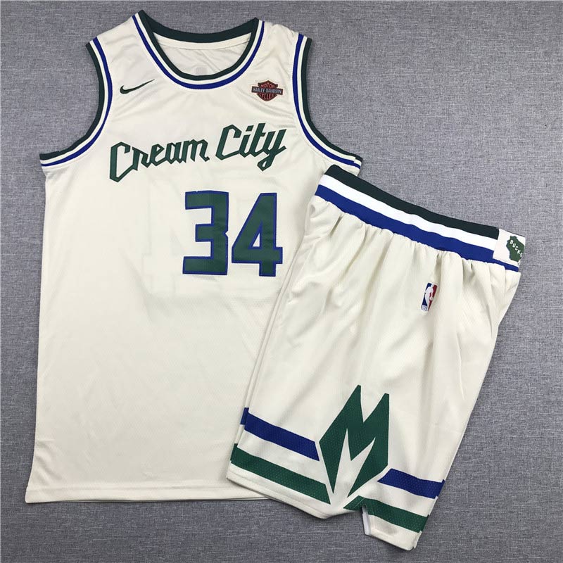 Bucks 34 Giannis Antetokounmpo Cream 2019 20 City Edition Nike Swingman Jersey With Shorts