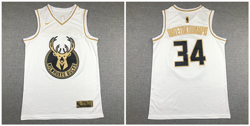 Bucks 34 Giannis Antetokounmpo White Gold Nike Swingman Jersey