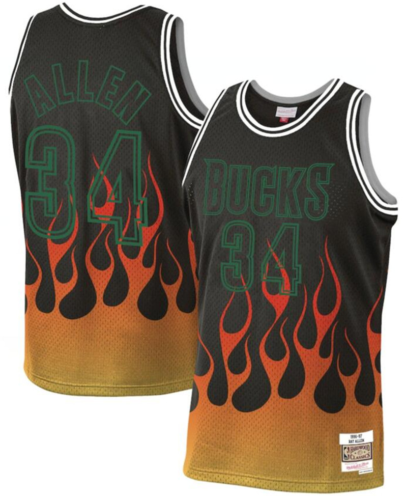 Bucks 34 Ray Allen Black 1996 97 Hardwood Classics Flames Swingman Jersey