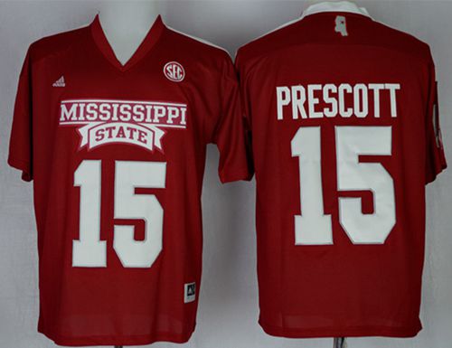 Bulldogs 15 Dak Prescott Red SEC Patch Stitched NCAA Jersey