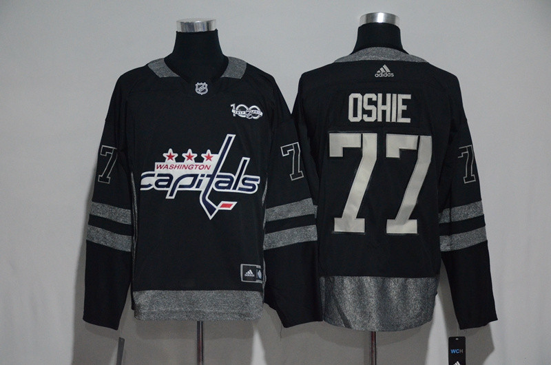 Capitals 77 T.J. Oshie Black 100th Anniversary Season Jersey