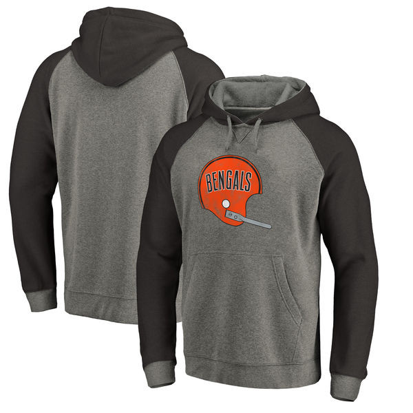 Cincinnati Bengals NFL Pro Line by Fanatics Branded Throwback Logo Tri Blend Raglan Pullover Hoodie Gray Black