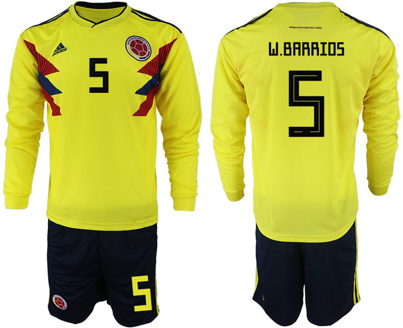 Colombia 5 W. BARRIOS Home 2018 FIFA World Cup Long Sleeve Soccer Jersey