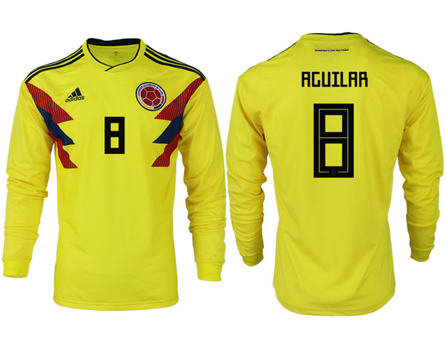 Colombia 8 AGUILAR Home 2018 FIFA World Cup Long Sleeve Thailand Soccer Jersey