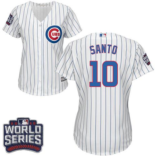 Cubs 10 Ron Santo White Blue Strip Home 2016 World Series Bound Women Stitched MLB Jersey