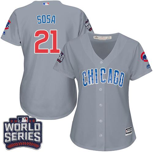 Cubs 21 Sammy Sosa Grey Road 2016 World Series Bound Women Stitched MLB Jersey