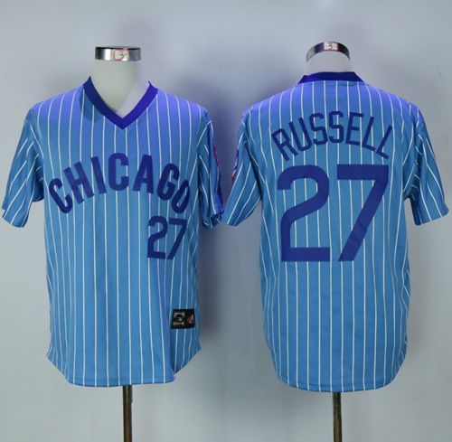 Cubs 27 Addison Russell Blue White Strip Cooperstown Throwback Stitched MLB Jersey