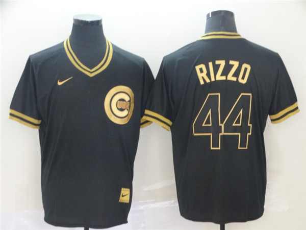 Cubs 44 Anthony Rizzo Black Gold Nike Cooperstown Collection Legend V Neck Jersey